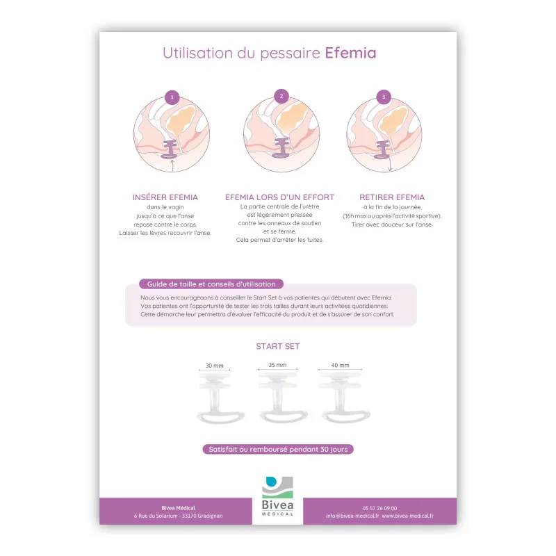 poster A4 sur l'utilisation du pessaire Effemia avec le guide des tailles